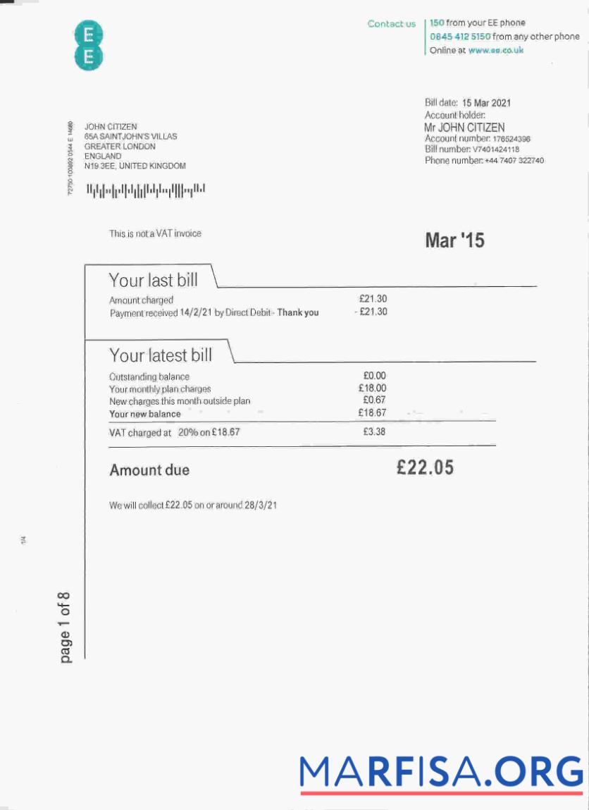 Realistic United Kingdom EE phone utility bill template, fully editable in PSD format